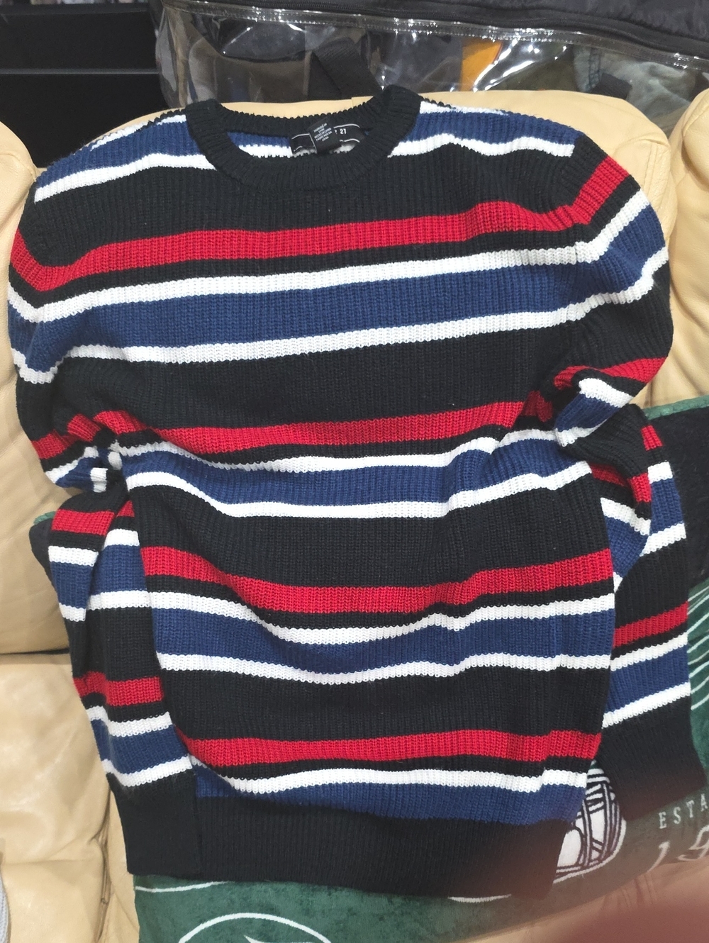 Forever 21 Men's Black Crewneck Sweater with Red, Blue & White Stripes